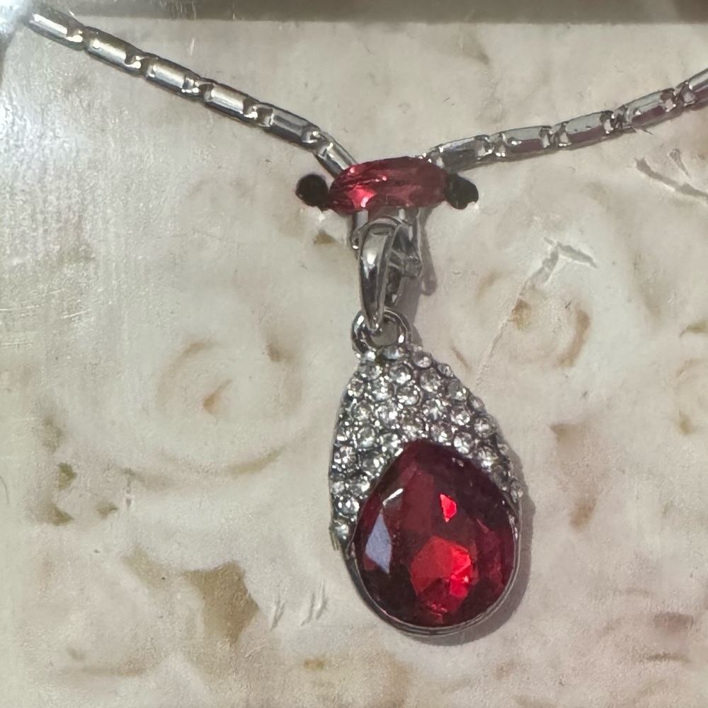 Crystal Crusted Red Rhinestone Teardrop Necklace